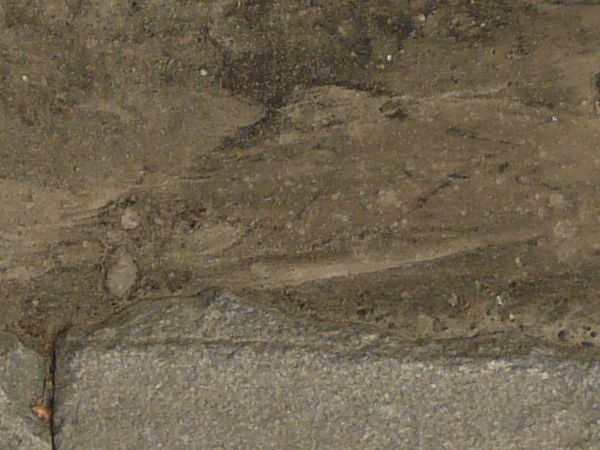 Road edge texture, with a swirling brown dirt surface that has bits of grass and debris, separated by a stone divider from an area of dark road.
